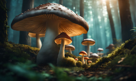 Mushrooms in the forest. 3d render. Nature backgroundの素材