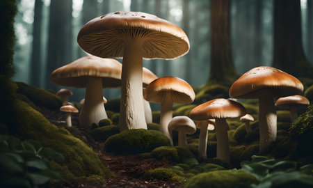 Mushrooms in the forest. Nature background. 3d renderingの素材