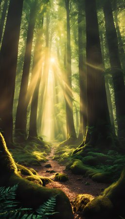 Fantasy forest with sun rays coming through tree trunks and pathの素材