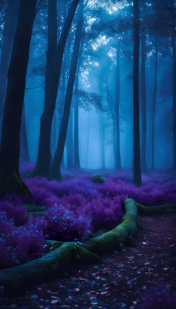 Purple heather in the foggy forest. Fantasy landscape.の素材