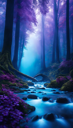 Magic forest with a mountain river in the background. Colorful fantasy landscape.の素材