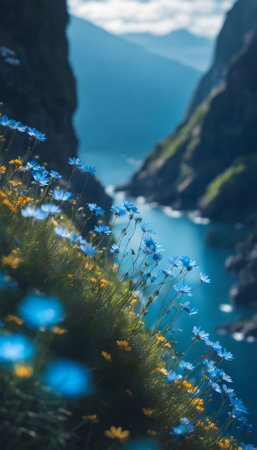 Norwegian fjord landscape with flowers and mountains in summer.の素材