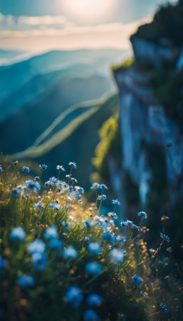 Beautiful meadow with blue flowers in the mountains at sunset.の素材