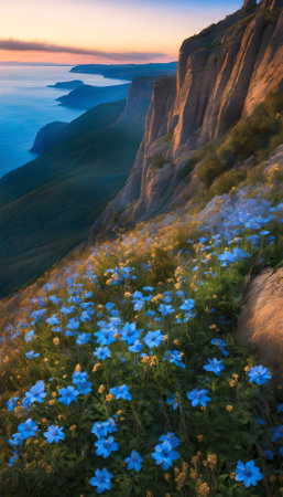 Beautiful blue flowers on the mountain at sunset. Crimea, Ukraineの素材