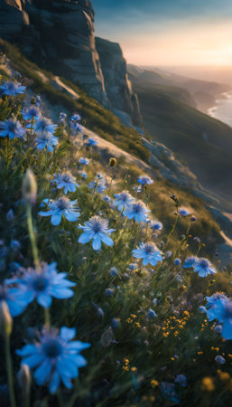 Beautiful meadow with blue flowers in the mountains at sunset.の素材