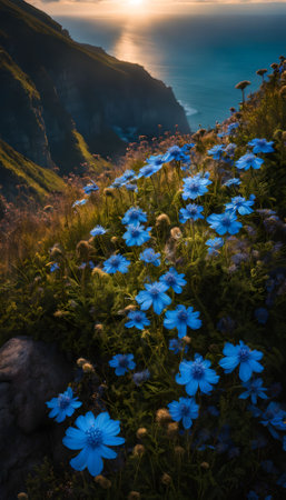 Beautiful summer landscape with blue flowers on the mountain slopes at sunsetの素材