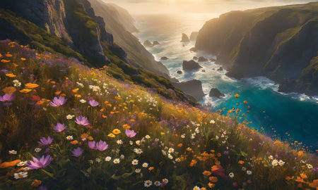 Beautiful panoramic view of wildflowers meadow and cliffs on the coast of Atlantic ocean at sunsetの素材