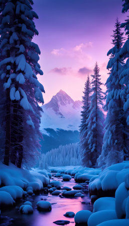 Beautiful winter landscape with snow covered trees and mountain river at sunsetの素材
