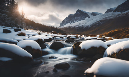 Mountain stream in the winter. Beautiful winter landscape in the mountains.の素材