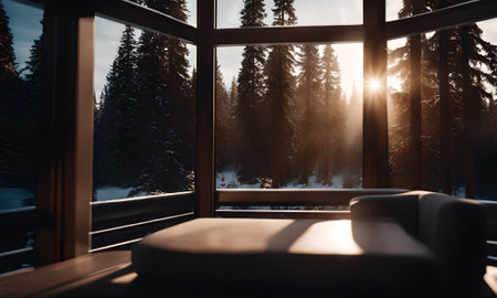 Beautiful view from the window on the winter forest at sunset.の素材