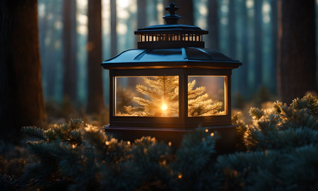 Christmas lantern in the forest at night. Festive concept. 3D Renderingの素材
