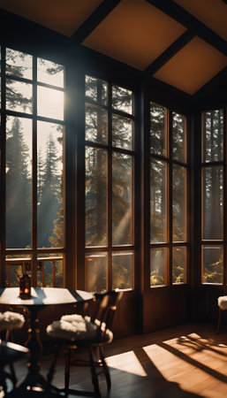 Interior of a cafe with a large window overlooking the forest.の素材