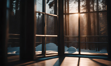 snowy window in winter forest at sunset with rays of light