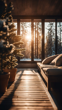 Wooden terrace with Christmas tree in cozy living room. Cozy winter evening in the forest.の素材