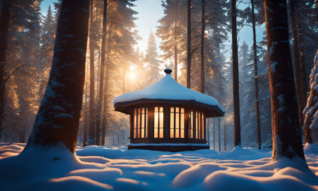 Beautiful wooden gazebo in winter forest at sunset.の素材