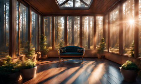 Interior of a living room with a large window overlooking the forestの素材