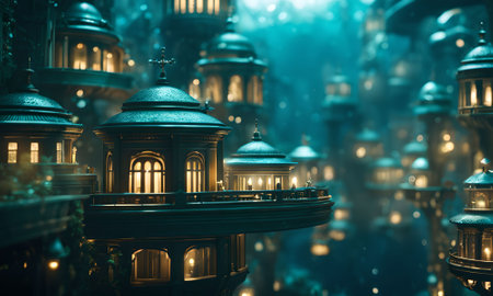 Ramadan Kareem background with mosque and lanterns in the fogの素材