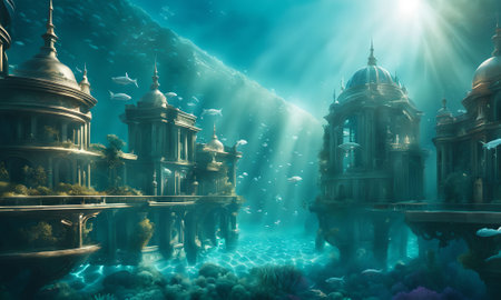Terrace of an ancient temple. Underwater world. 3d renderの素材