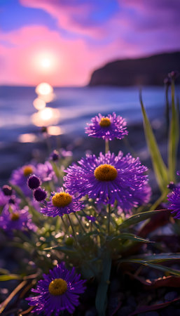 Purple daisies on the background of the sea and sunsetの素材