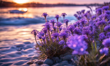 Purple flowers on the shore of the lake at sunset in summerの素材