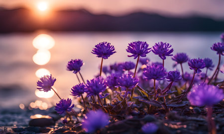 Beautiful purple flowers on the shore of the lake at sunset.の素材