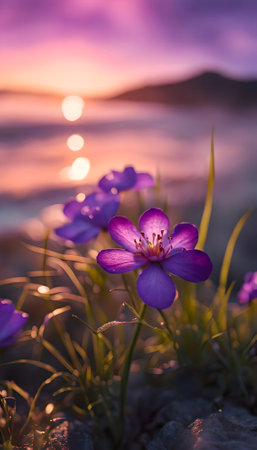 Purple crocus flowers on the background of the sea and sunsetの素材
