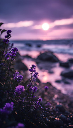 Beautiful sunset on the seashore with purple wildflowersの素材