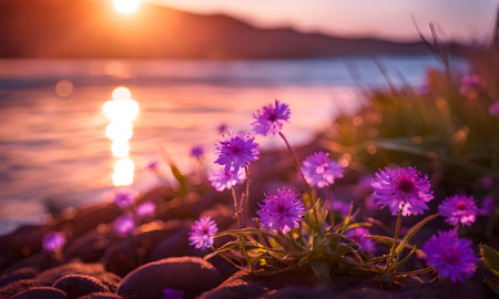 Beautiful purple flowers on the beach at sunset. Nature background.の素材