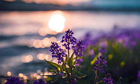 Lavender flowers on the shore of the lake at sunset.の素材