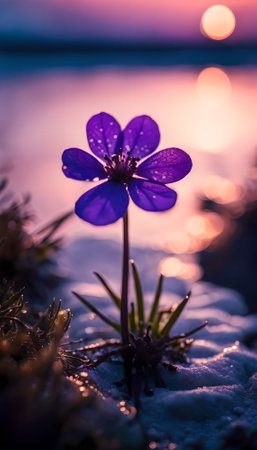 Purple flower on the beach with sunset background. Shallow depth of field.の素材