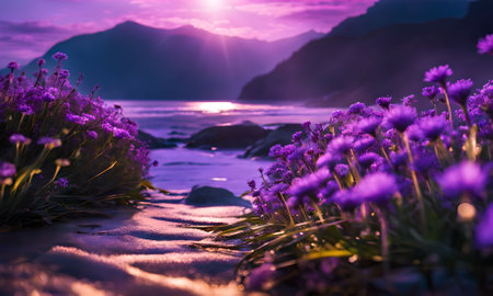 Purple flowers on the beach with mountains in the background at sunsetの素材