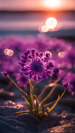 Beautiful purple flowers on the beach at sunset. Selective focus.の素材