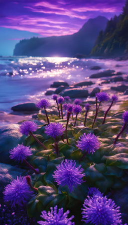 Beautiful purple flowers on the beach at sunset. Long exposure.の素材
