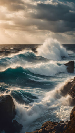 Beautiful seascape with stormy ocean waves on rocky shoreの素材