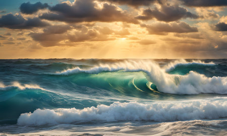 Ocean wave at sunset with sunbeams and clouds. Natural background.の素材