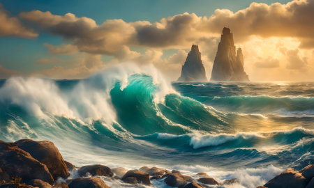 Beautiful seascape with stormy ocean waves. Nature composition.の素材