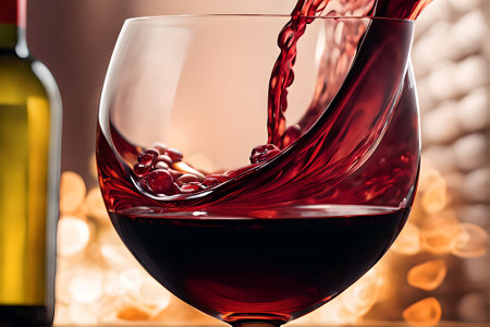 Red wine pouring into wineglass on bokeh background, closeupの素材