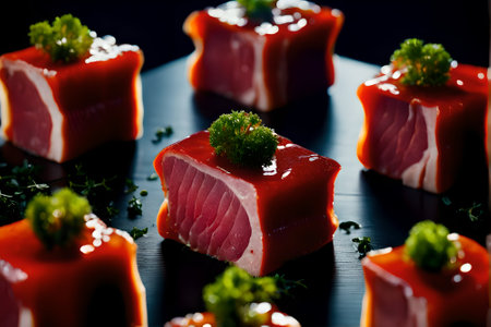 Tuna sashimi served on a black plate with wasabiの素材