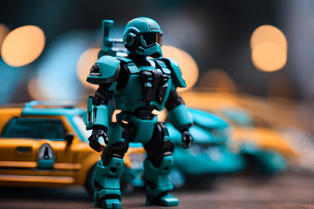 Lego Star Wars minifigure with yellow taxi car on the background. Studio shot.の素材