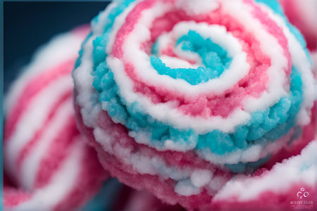 Close up of colorful sugar candy on blue background. Selective focus.の素材