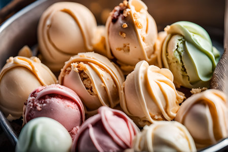 Variety of colorful chocolates on wooden background. Selective focusの素材