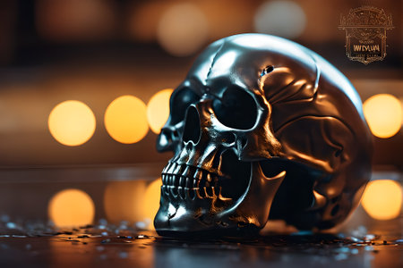 Still life with human skull on bokeh background. Halloween concept.の素材