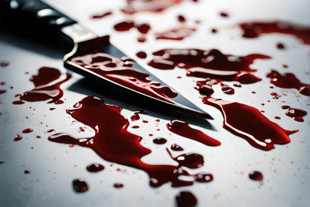 Bloody knife and blood on the table. Shallow depth of fieldの素材