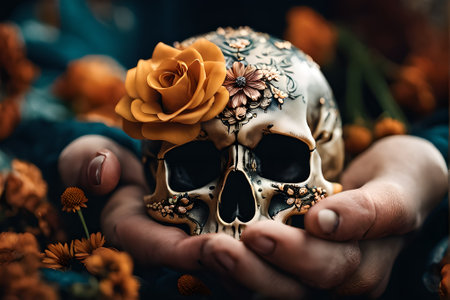 Day of the Dead sugar skull in woman hands with flower decoration.の素材