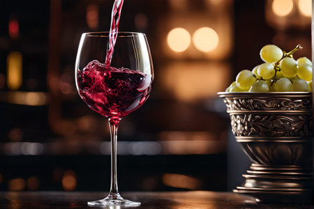 Glass of red wine and grapes on the bar counter in a restaurantの素材