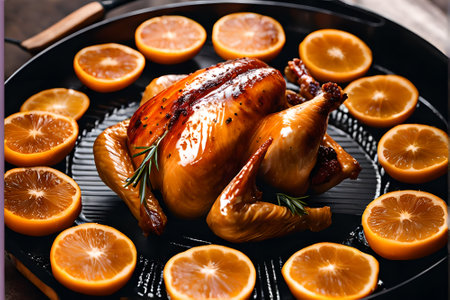 Roasted chicken with orange and rosemary on a black plate.の素材