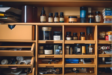 Medicine bottles on the shelf in the cabinet of a doctor.の素材