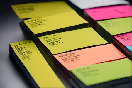 Stack of colorful business cards, close-up. 3D renderingの素材
