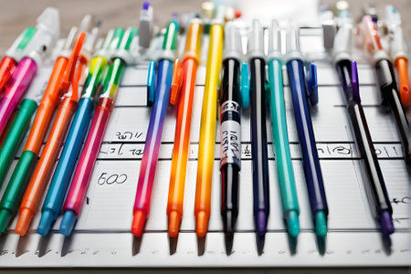 Close-up of colorful pens on a diary. Selective focus.の素材