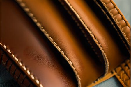Close up of brown leather belt on blue background. Selective focus.の素材